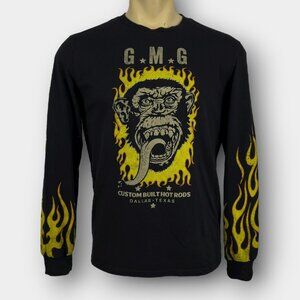 Monkey Garage Men’s Long Sleeve Tee M Black Yellow Flame Gorilla Hot Rod Print